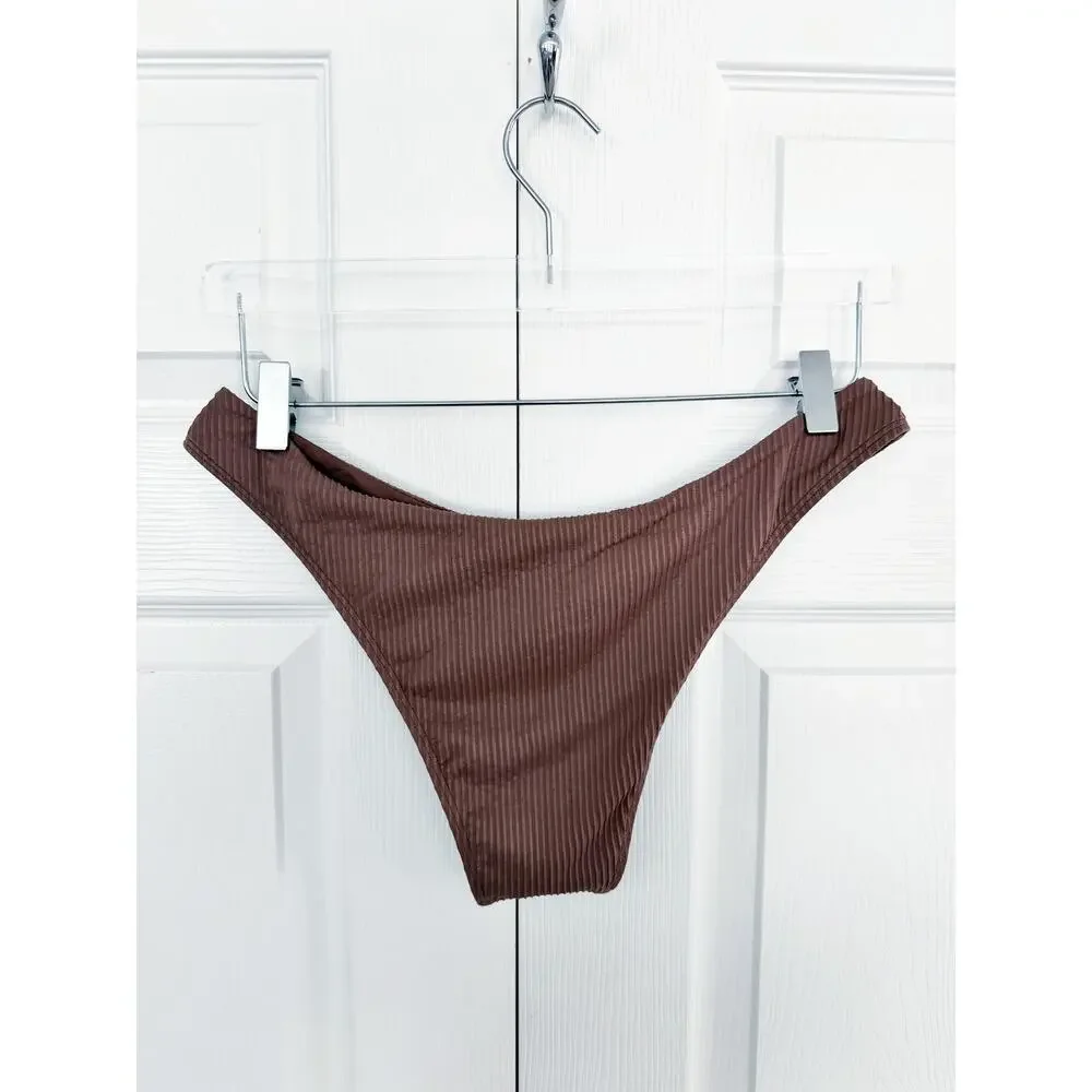 Monday Swimwear Byron Bikini Bottom Size V Brown Ribbed Cheeky Mid Rise Resort
